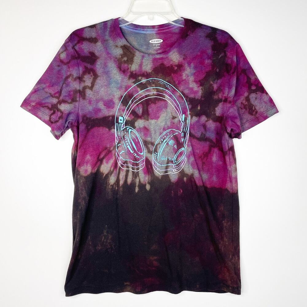 Upcycled Beats Headphones T-Shirt Reverse Tie Dyed Purple Aqua Unisex M